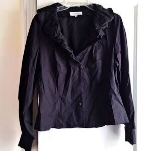 Black fitted blouse with ruffle collar